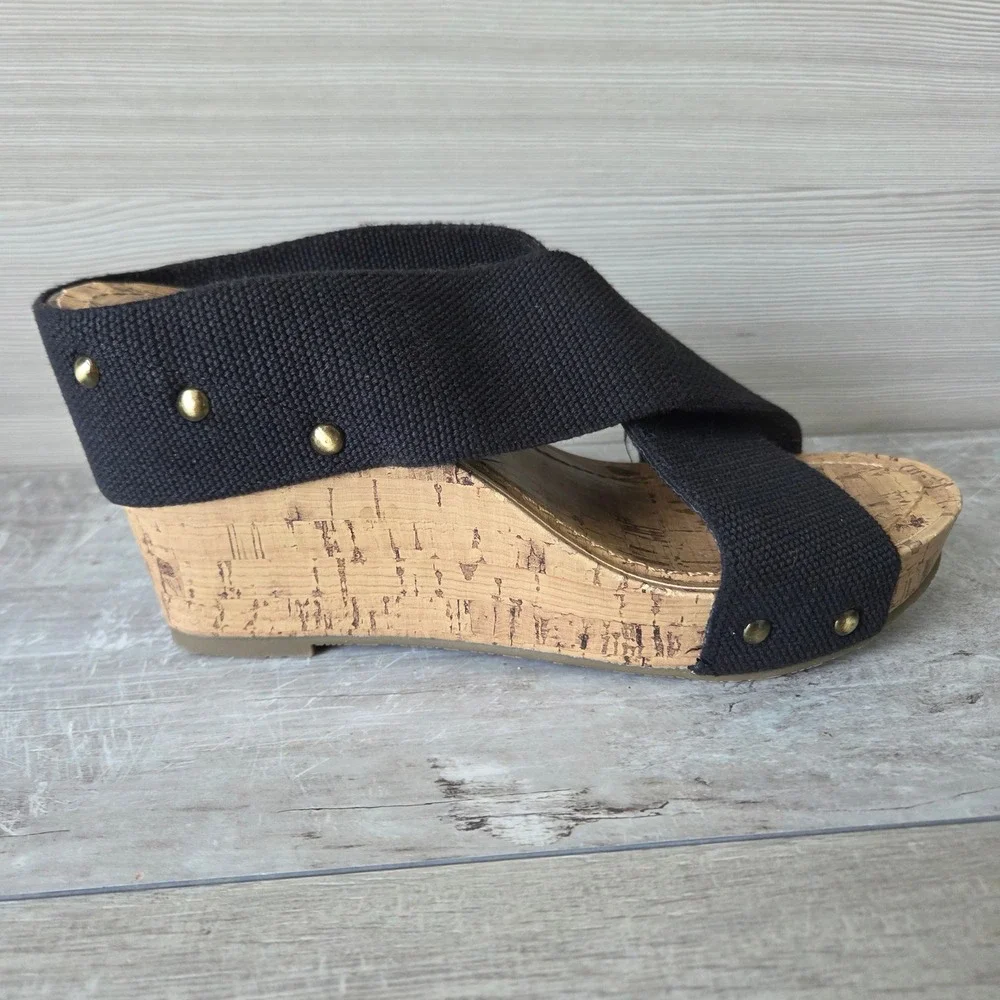 Esprit Womens 7 Black Canvas Studded Cork Wedge Platform Sandals Y2K Boho Slides